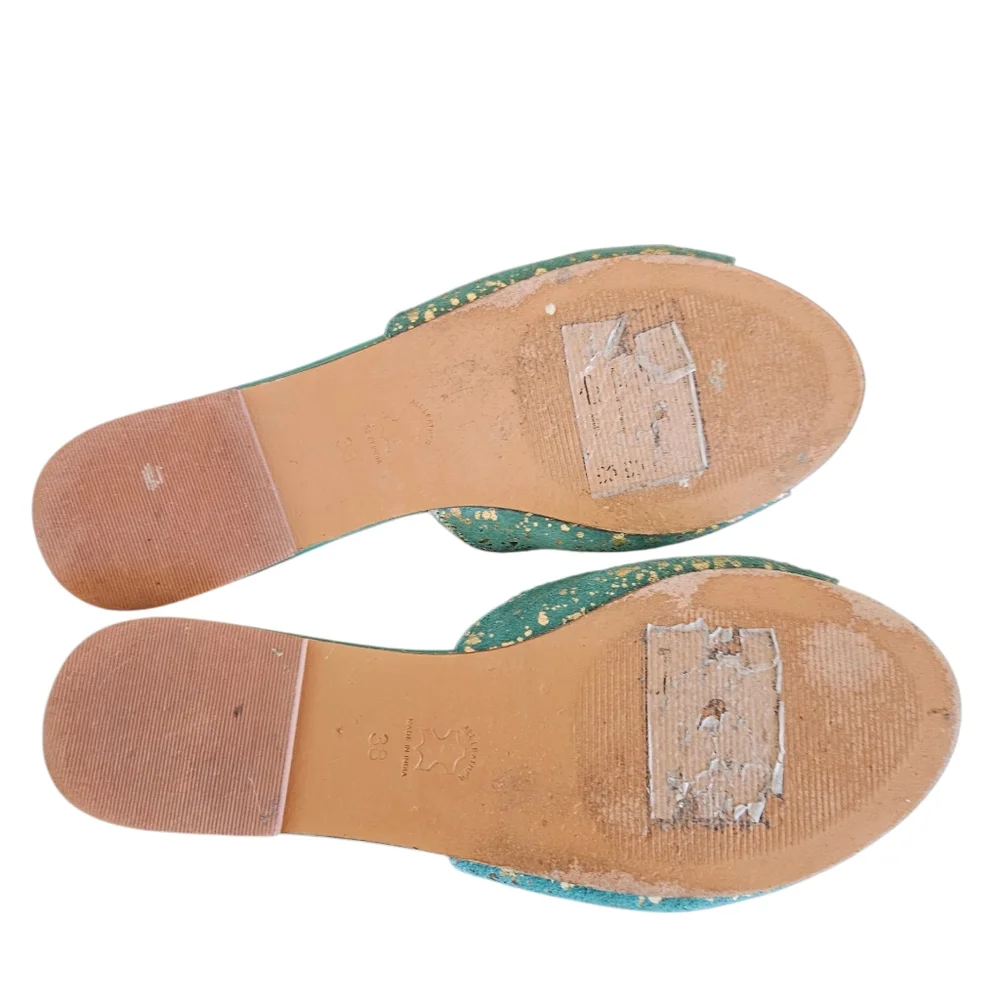 Jasper & Jeera Gilded Green Suede Leather Gold Splattered Slide Sandals Size 7